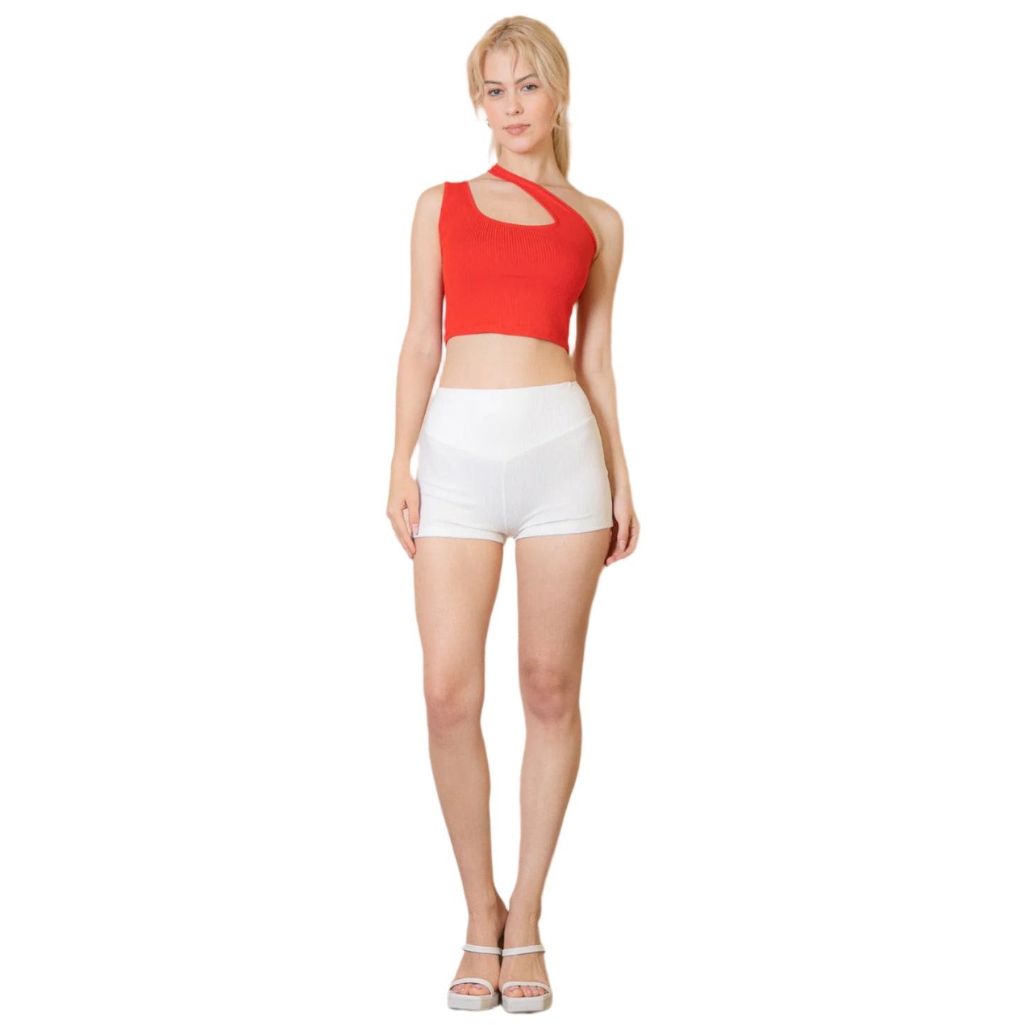 Ribbed One Shoulder Cross Strap Crop Top