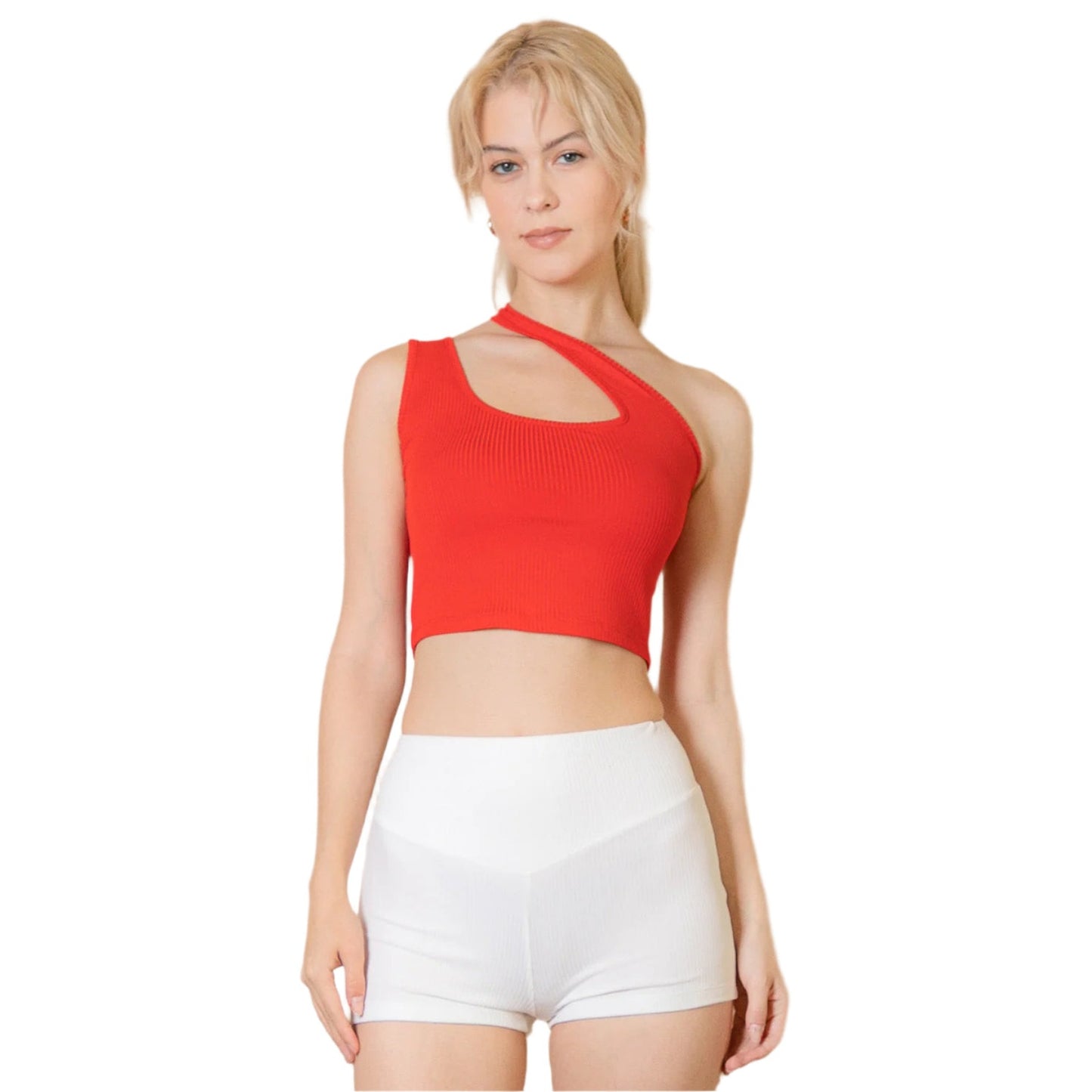 Ribbed One Shoulder Cross Strap Crop Top