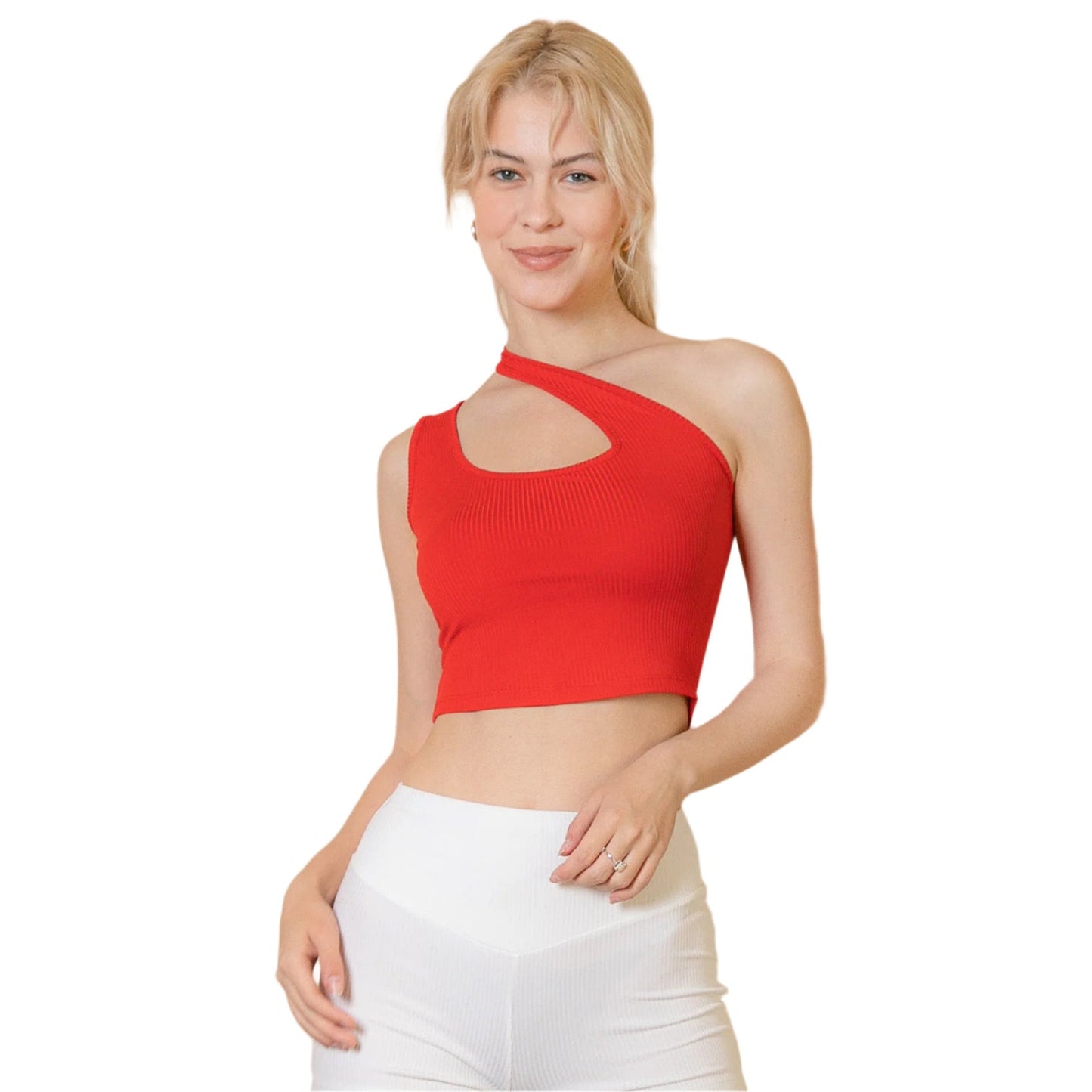 Ribbed One Shoulder Cross Strap Crop Top