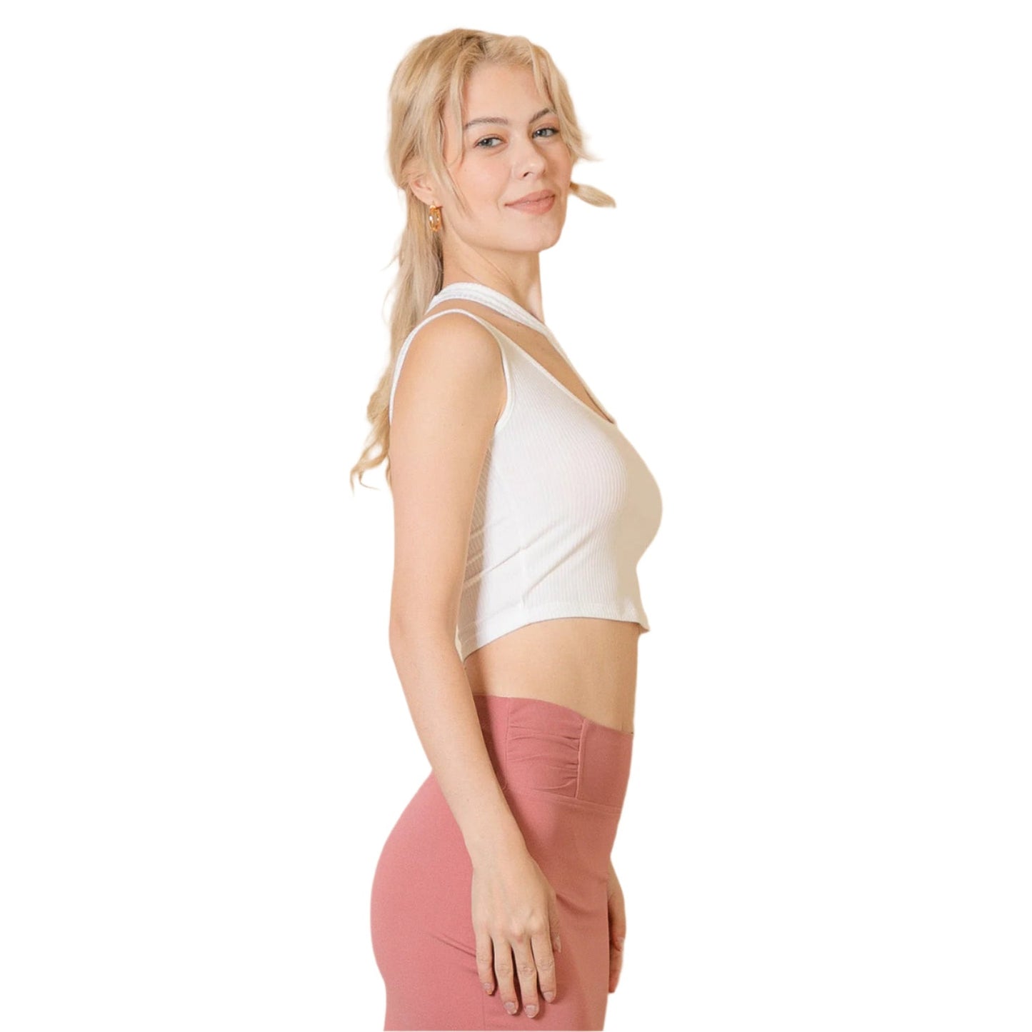 Ribbed One Shoulder Cross Strap Crop Top