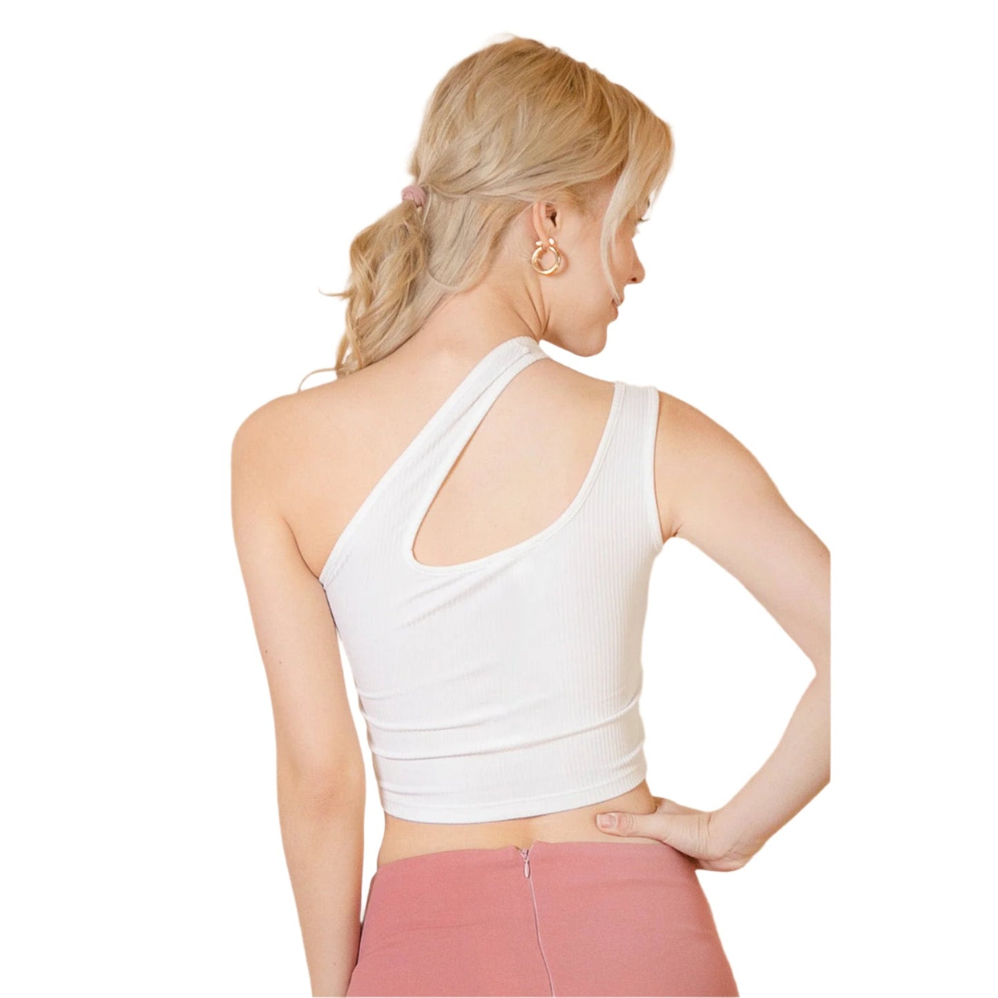 Ribbed One Shoulder Cross Strap Crop Top