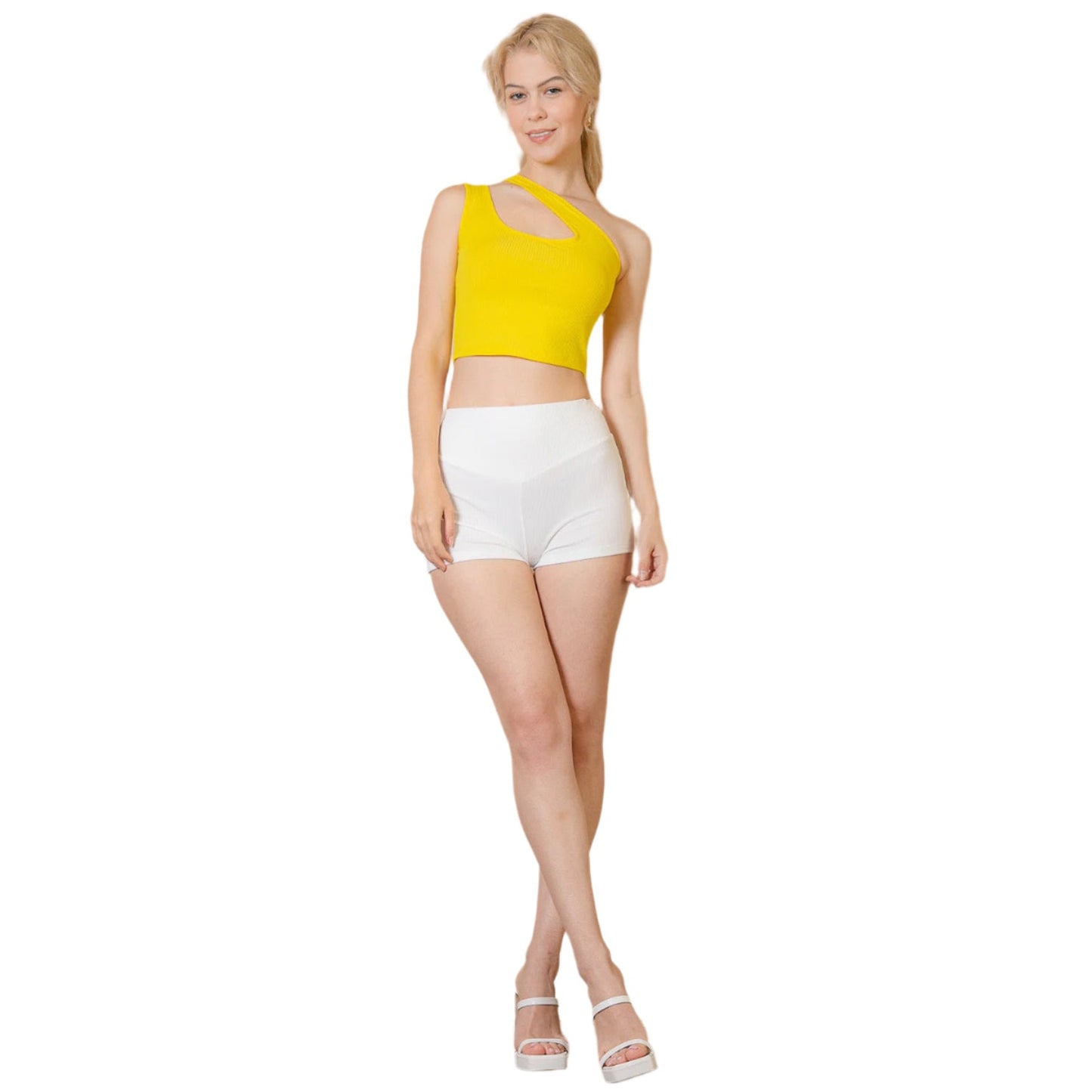 Ribbed One Shoulder Cross Strap Crop Top