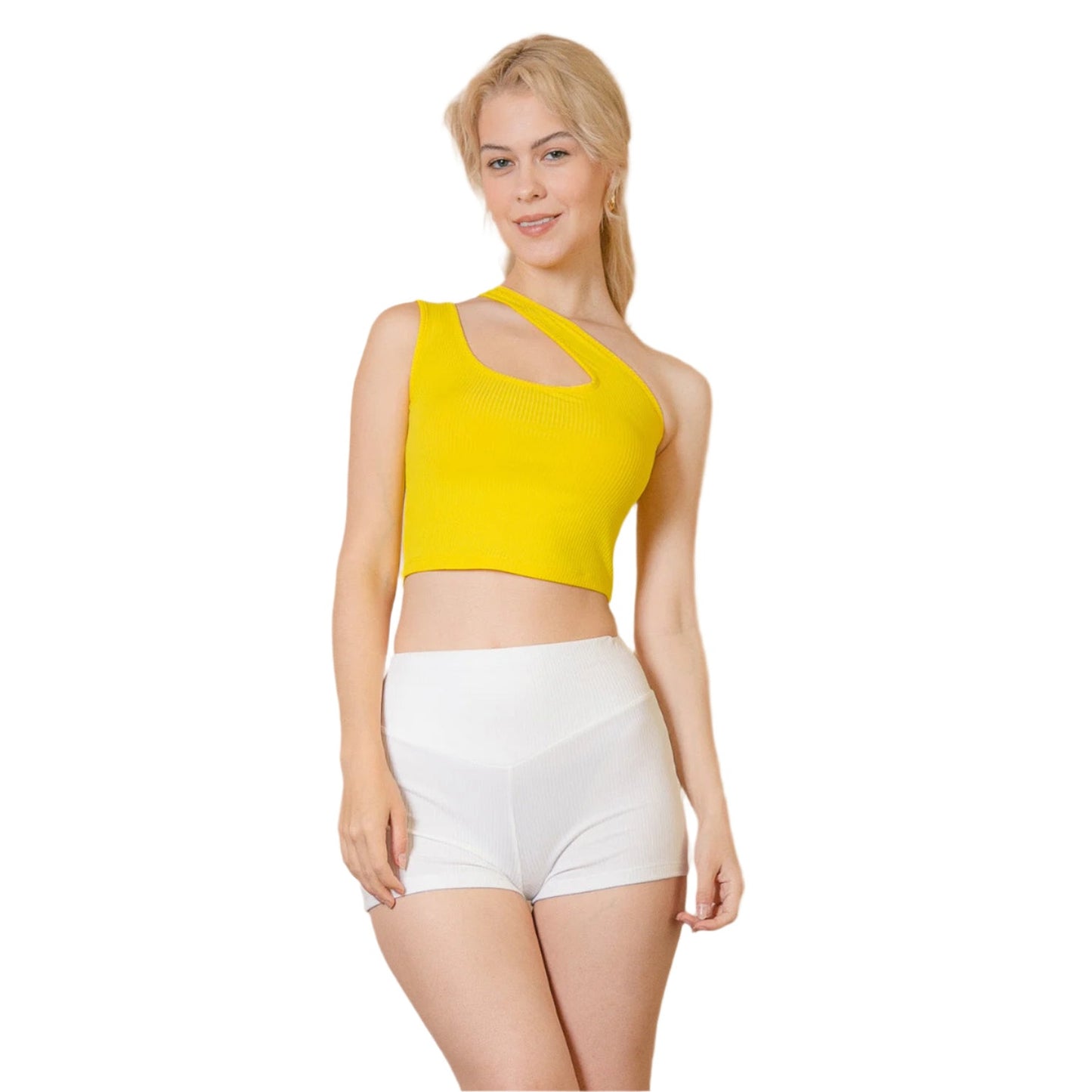 Ribbed One Shoulder Cross Strap Crop Top
