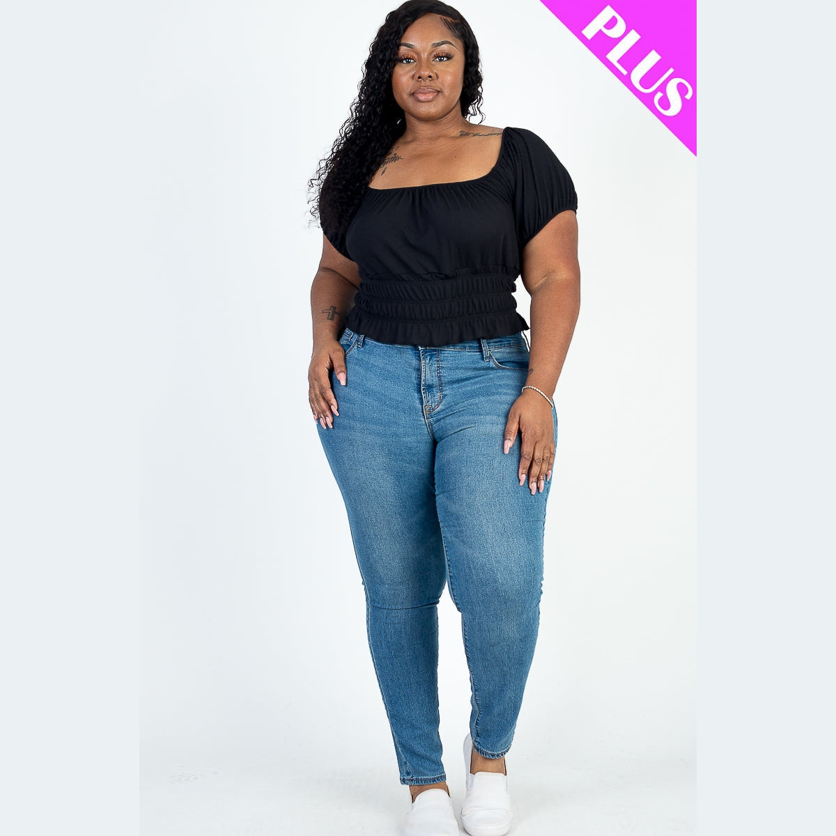 Plus Size Casual Ruched Puff Sleeve Ribbed Knit Solid Top