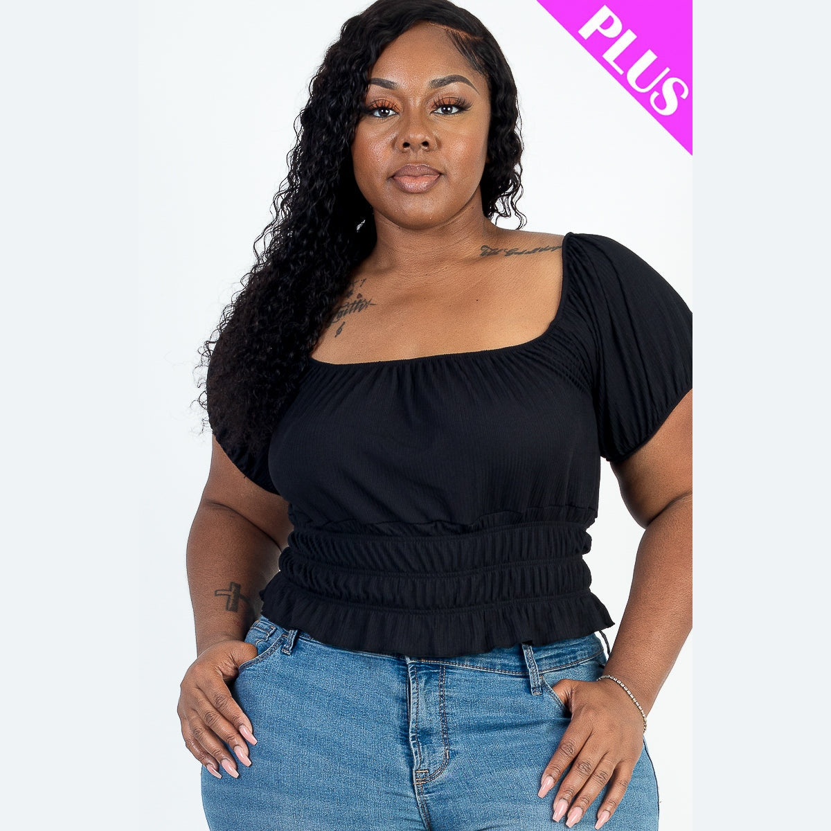 Plus Size Casual Ruched Puff Sleeve Ribbed Knit Solid Top