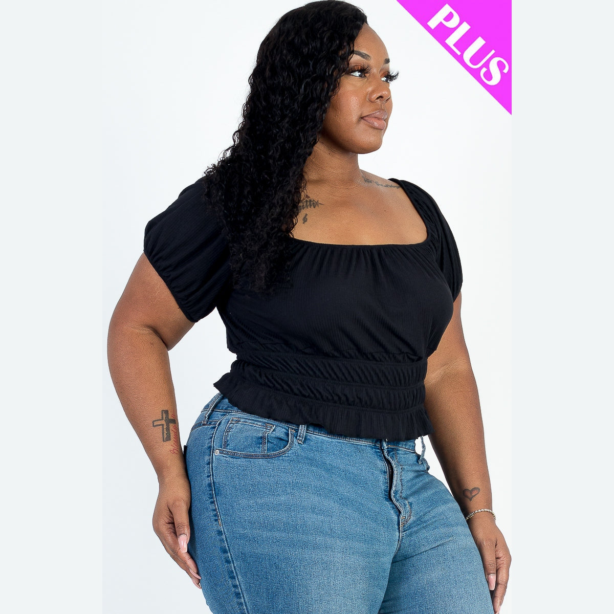 Plus Size Casual Ruched Puff Sleeve Ribbed Knit Solid Top