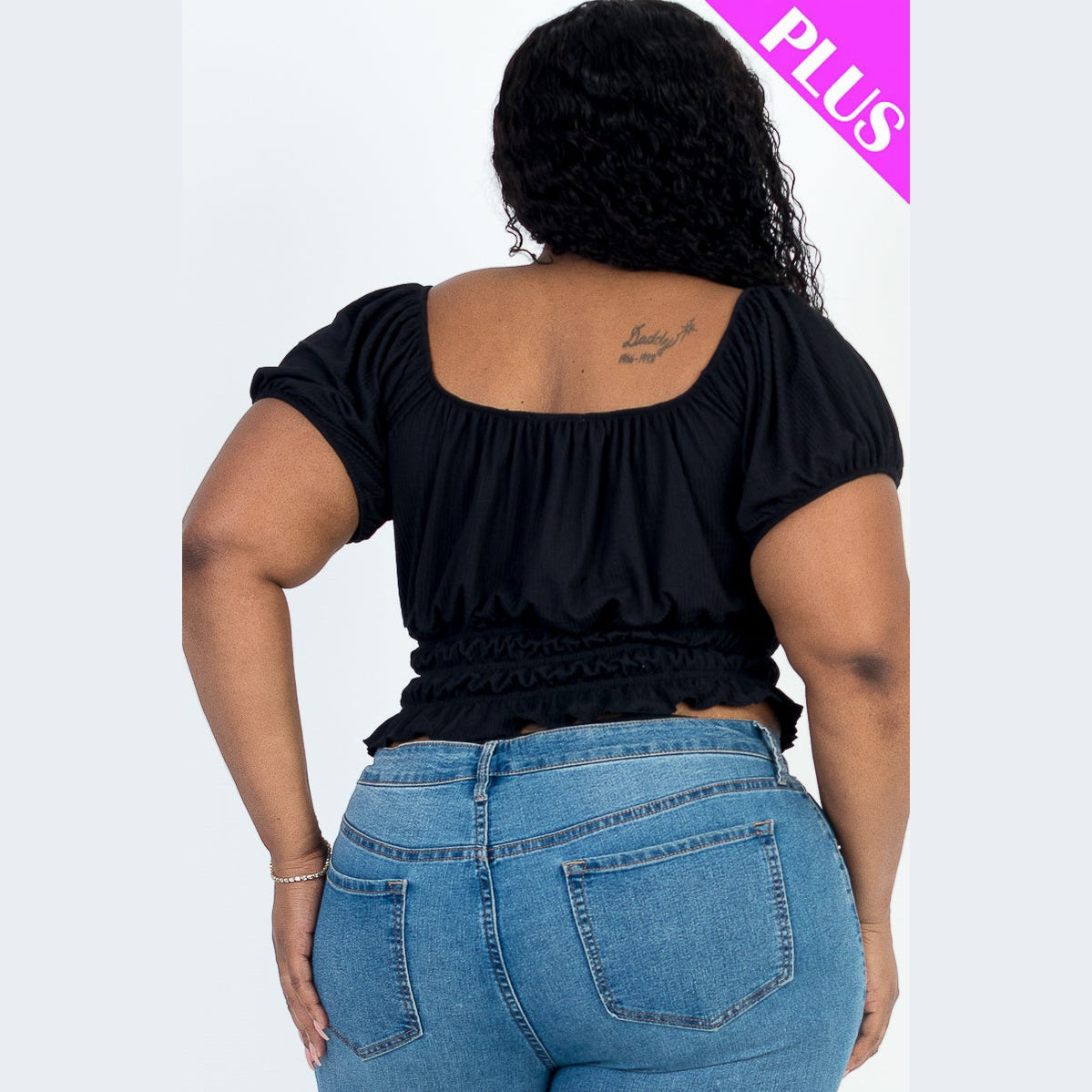 Plus Size Casual Ruched Puff Sleeve Ribbed Knit Solid Top