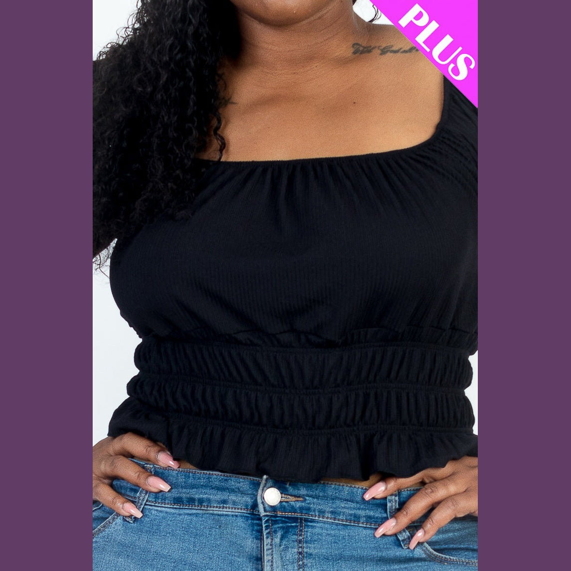 Plus Size Casual Ruched Puff Sleeve Ribbed Knit Solid Top