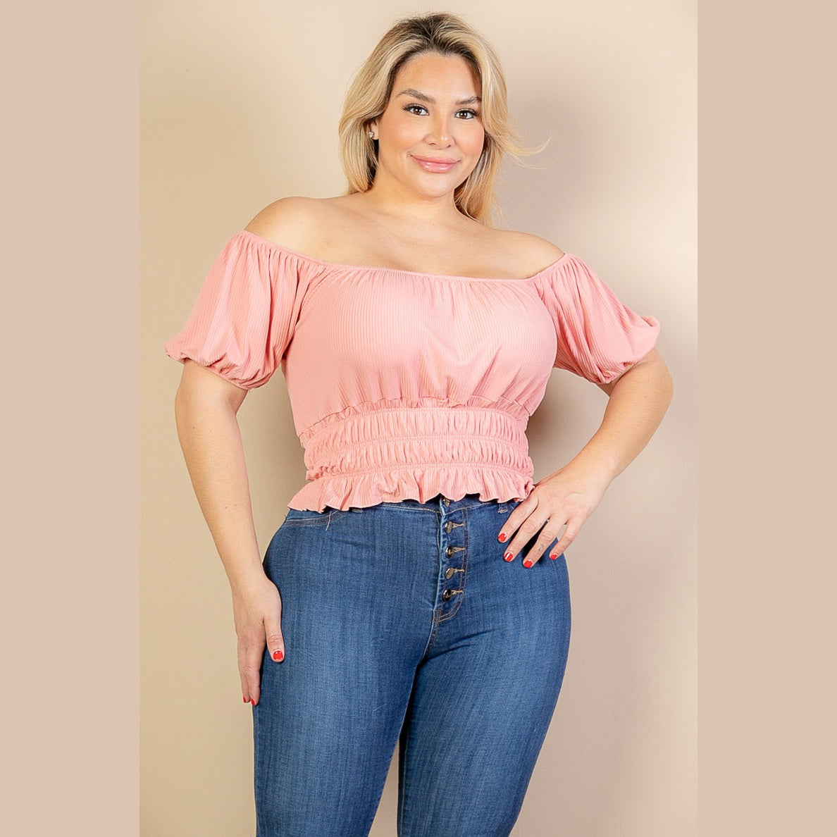 Plus Size Casual Ruched Puff Sleeve Ribbed Knit Solid Top