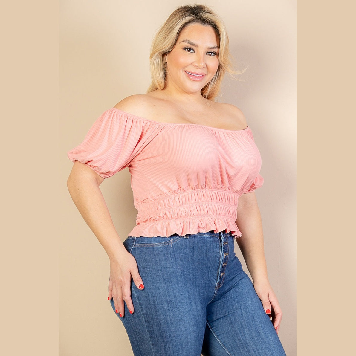 Plus Size Casual Ruched Puff Sleeve Ribbed Knit Solid Top