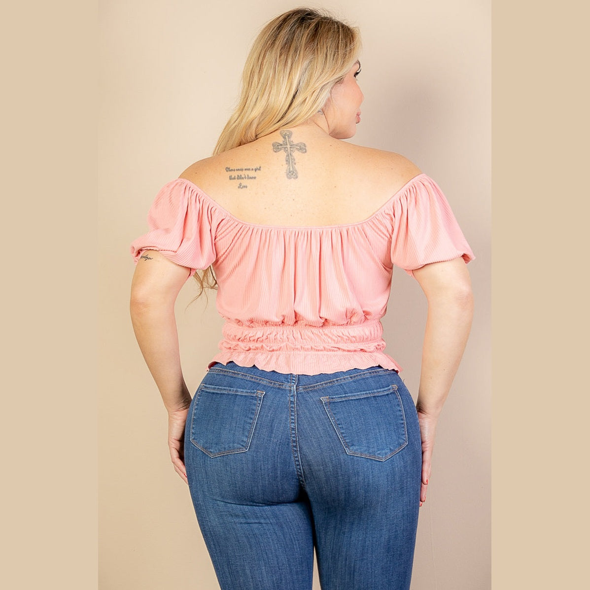Plus Size Casual Ruched Puff Sleeve Ribbed Knit Solid Top
