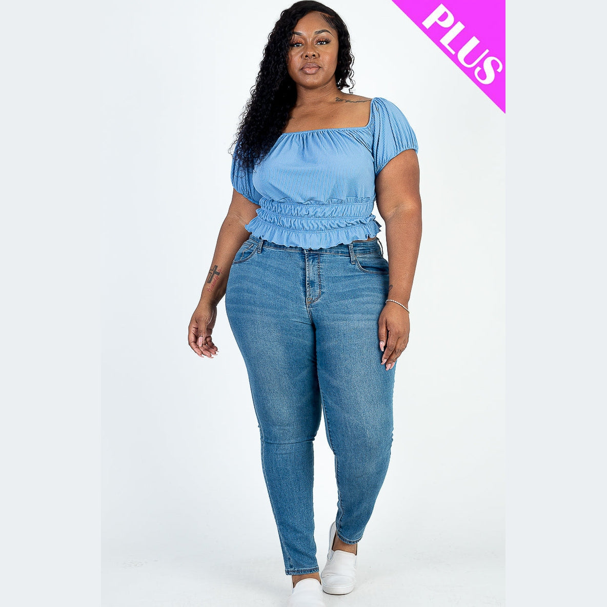 Plus Size Casual Ruched Puff Sleeve Ribbed Knit Solid Top