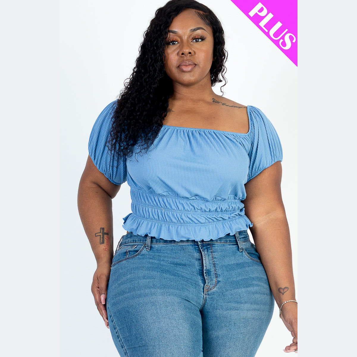 Plus Size Casual Ruched Puff Sleeve Ribbed Knit Solid Top