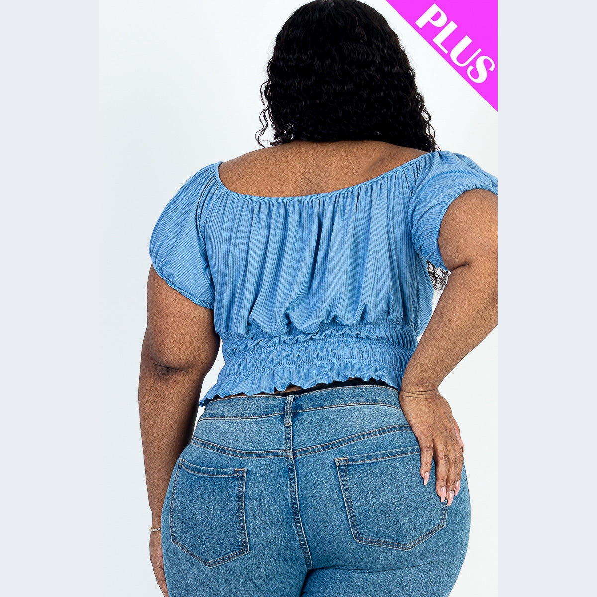 Plus Size Casual Ruched Puff Sleeve Ribbed Knit Solid Top