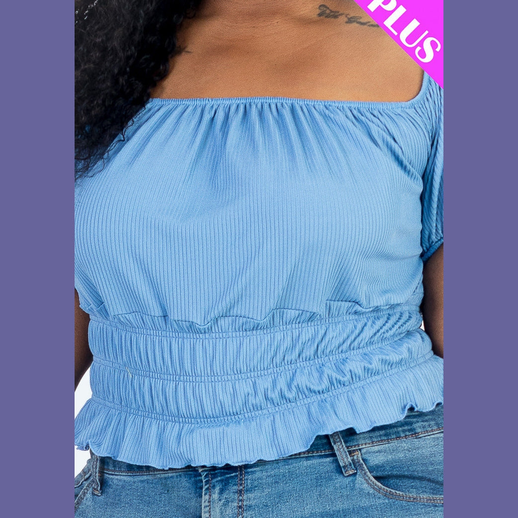 Plus Size Casual Ruched Puff Sleeve Ribbed Knit Solid Top