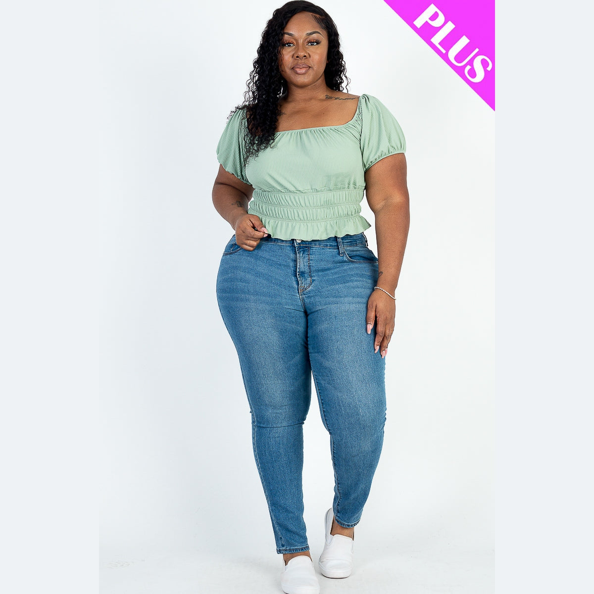 Plus Size Casual Ruched Puff Sleeve Ribbed Knit Solid Top