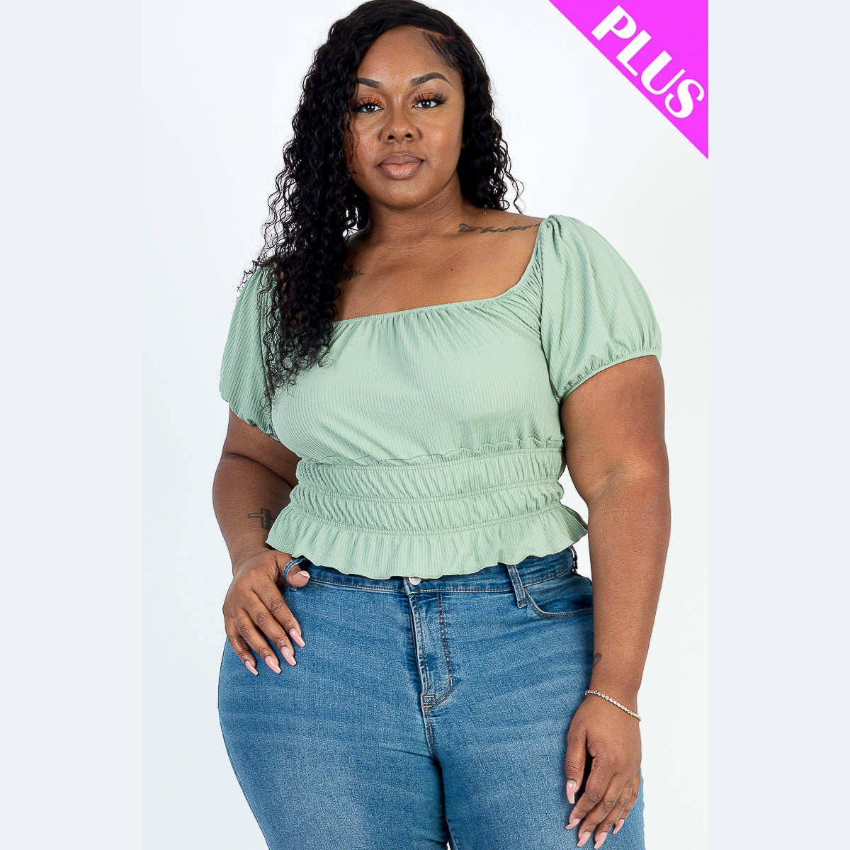 Plus Size Casual Ruched Puff Sleeve Ribbed Knit Solid Top