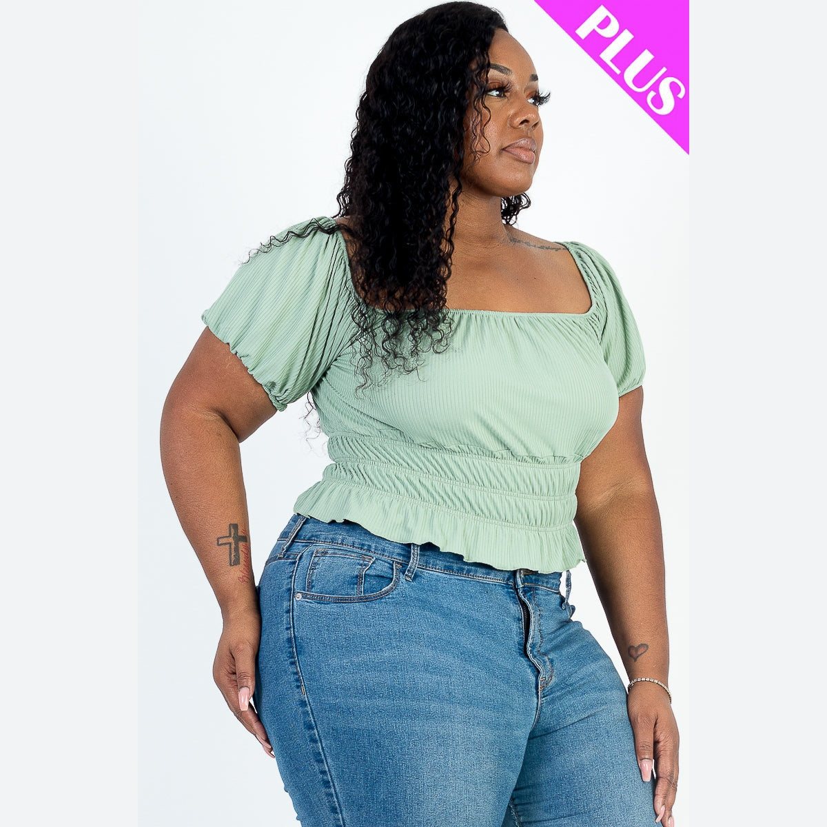 Plus Size Casual Ruched Puff Sleeve Ribbed Knit Solid Top