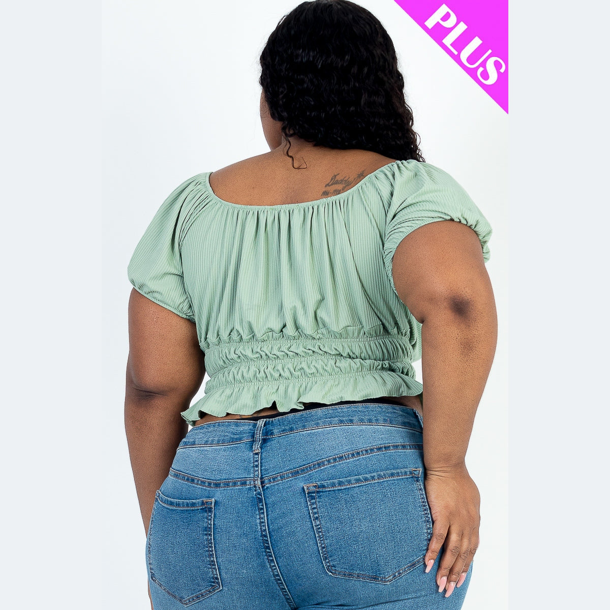 Plus Size Casual Ruched Puff Sleeve Ribbed Knit Solid Top