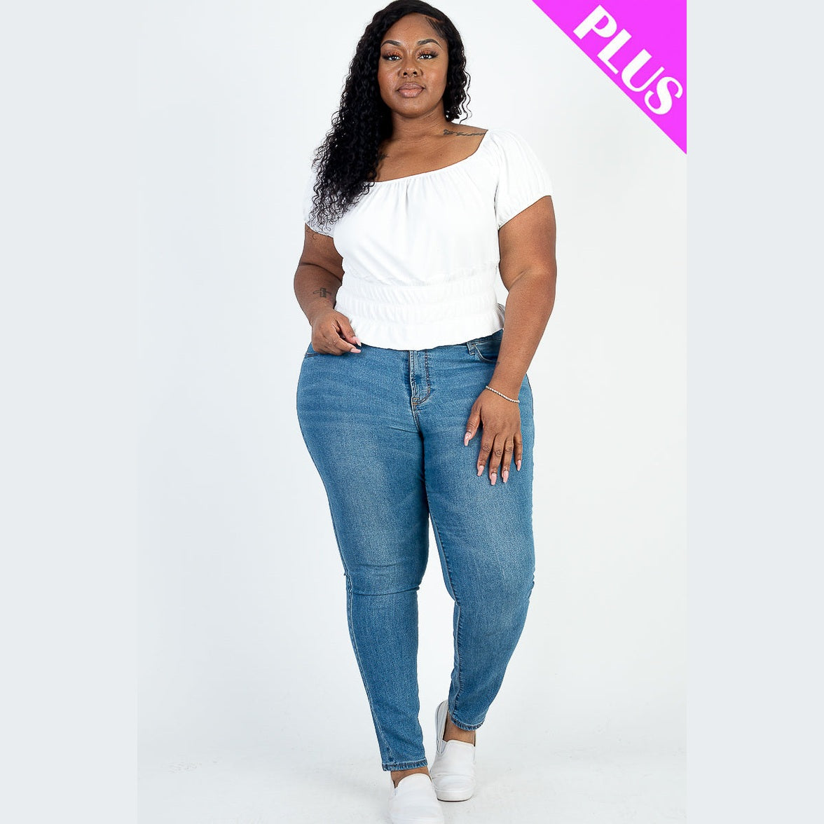 Plus Size Casual Ruched Puff Sleeve Ribbed Knit Solid Top