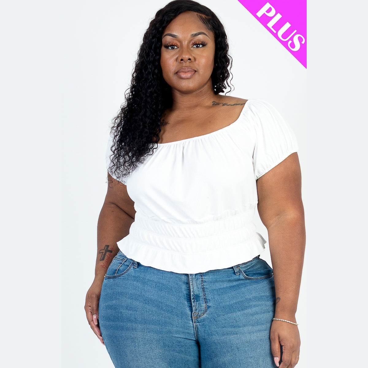 Plus Size Casual Ruched Puff Sleeve Ribbed Knit Solid Top
