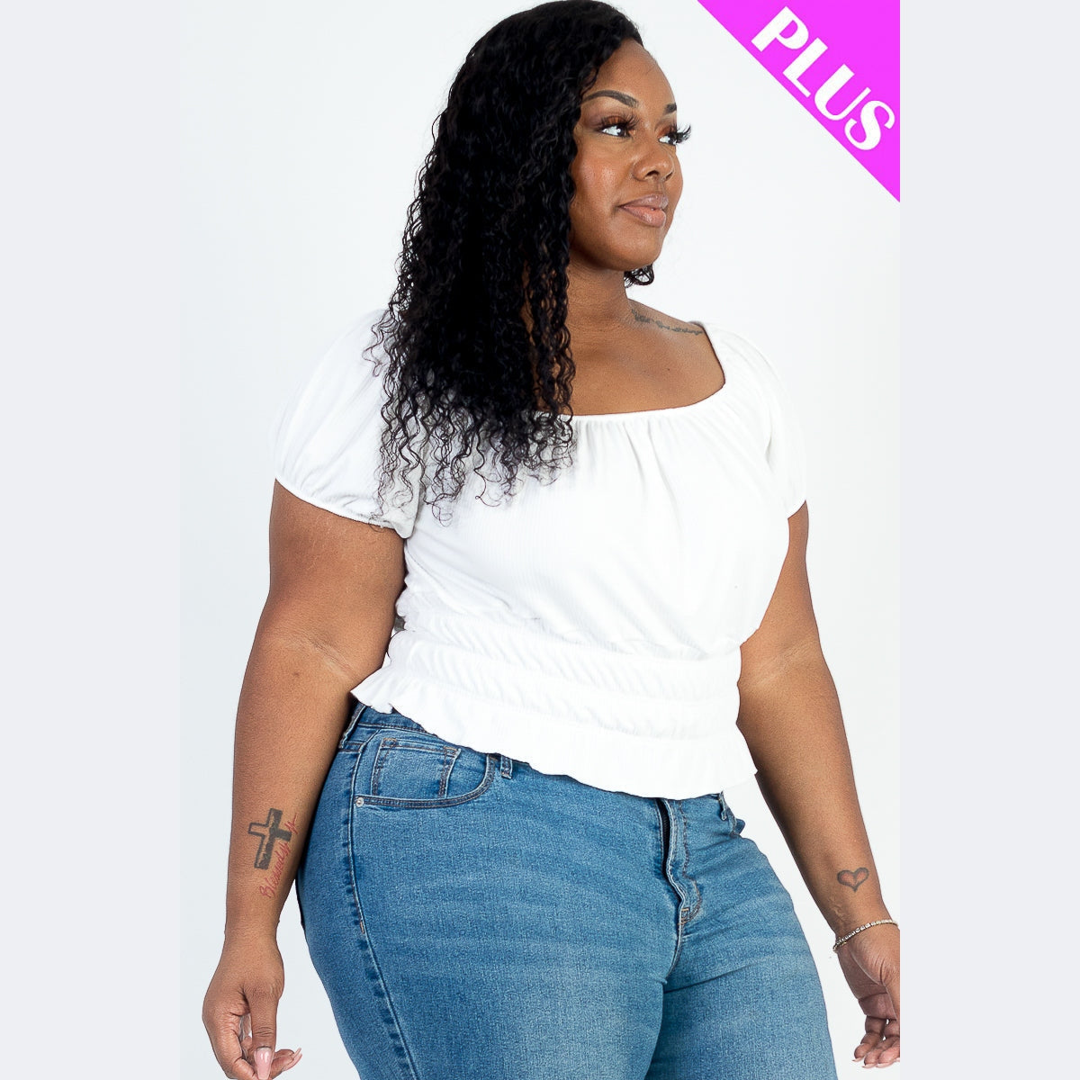 Plus Size Casual Ruched Puff Sleeve Ribbed Knit Solid Top