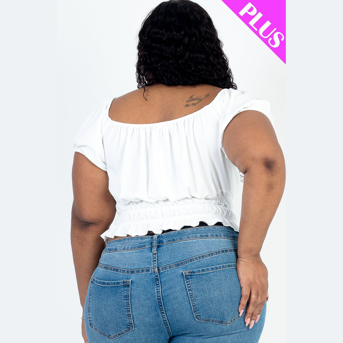 Plus Size Casual Ruched Puff Sleeve Ribbed Knit Solid Top