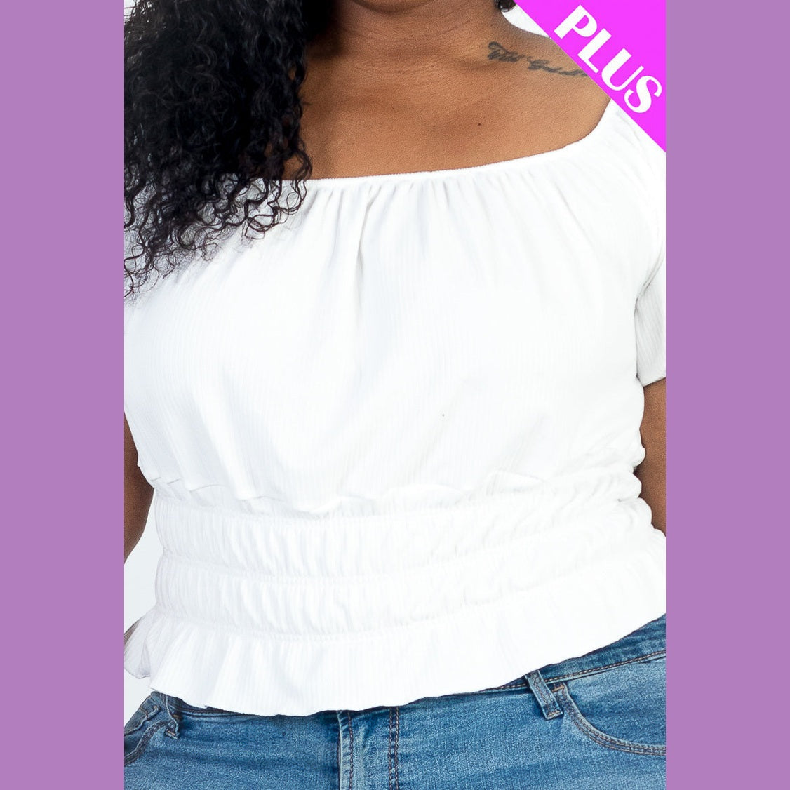 Plus Size Casual Ruched Puff Sleeve Ribbed Knit Solid Top