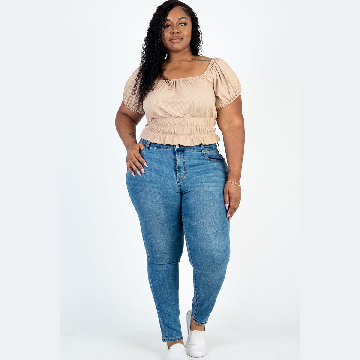 Plus Size Casual Ruched Puff Sleeve Ribbed Knit Solid Top