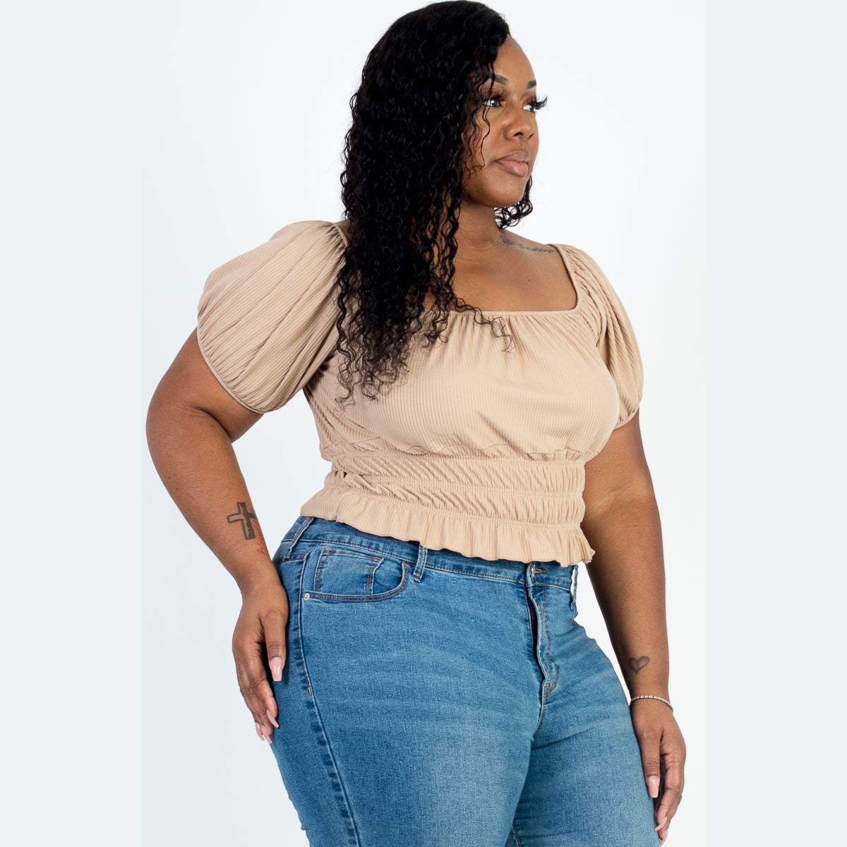 Plus Size Casual Ruched Puff Sleeve Ribbed Knit Solid Top