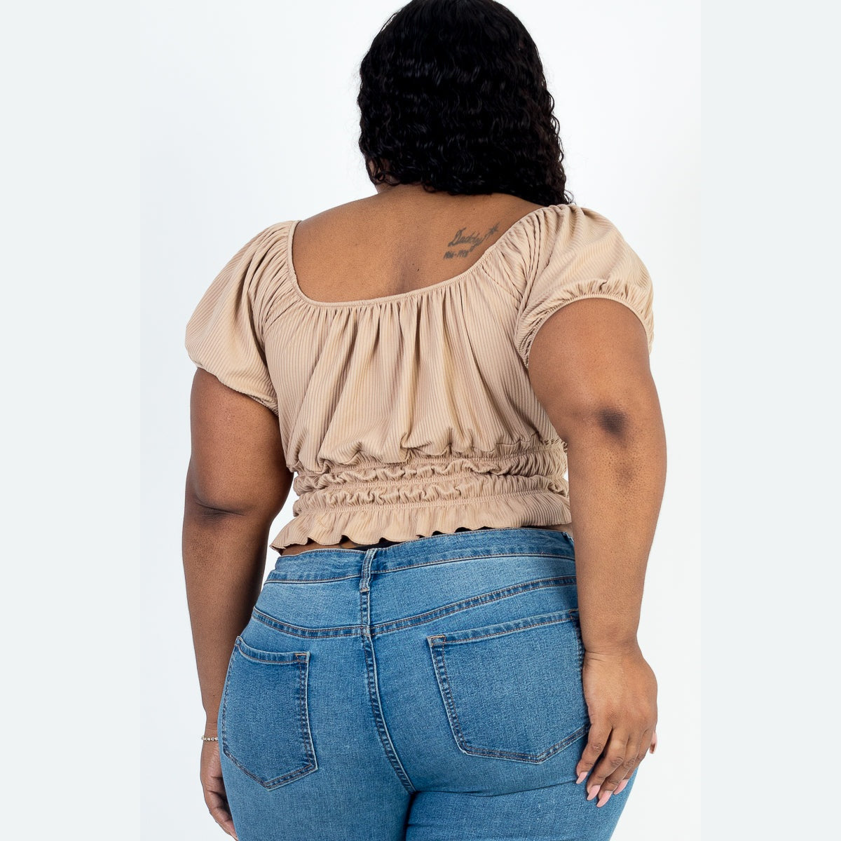 Plus Size Casual Ruched Puff Sleeve Ribbed Knit Solid Top