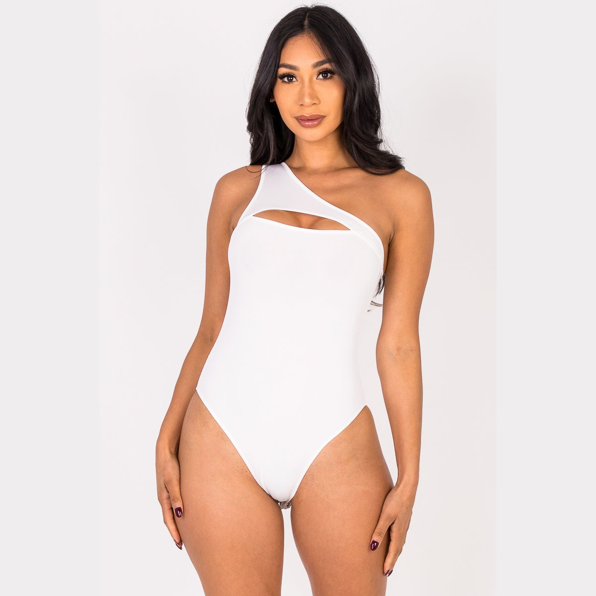 Ribbed Knit Cut Out One Shoulder Bodysuit