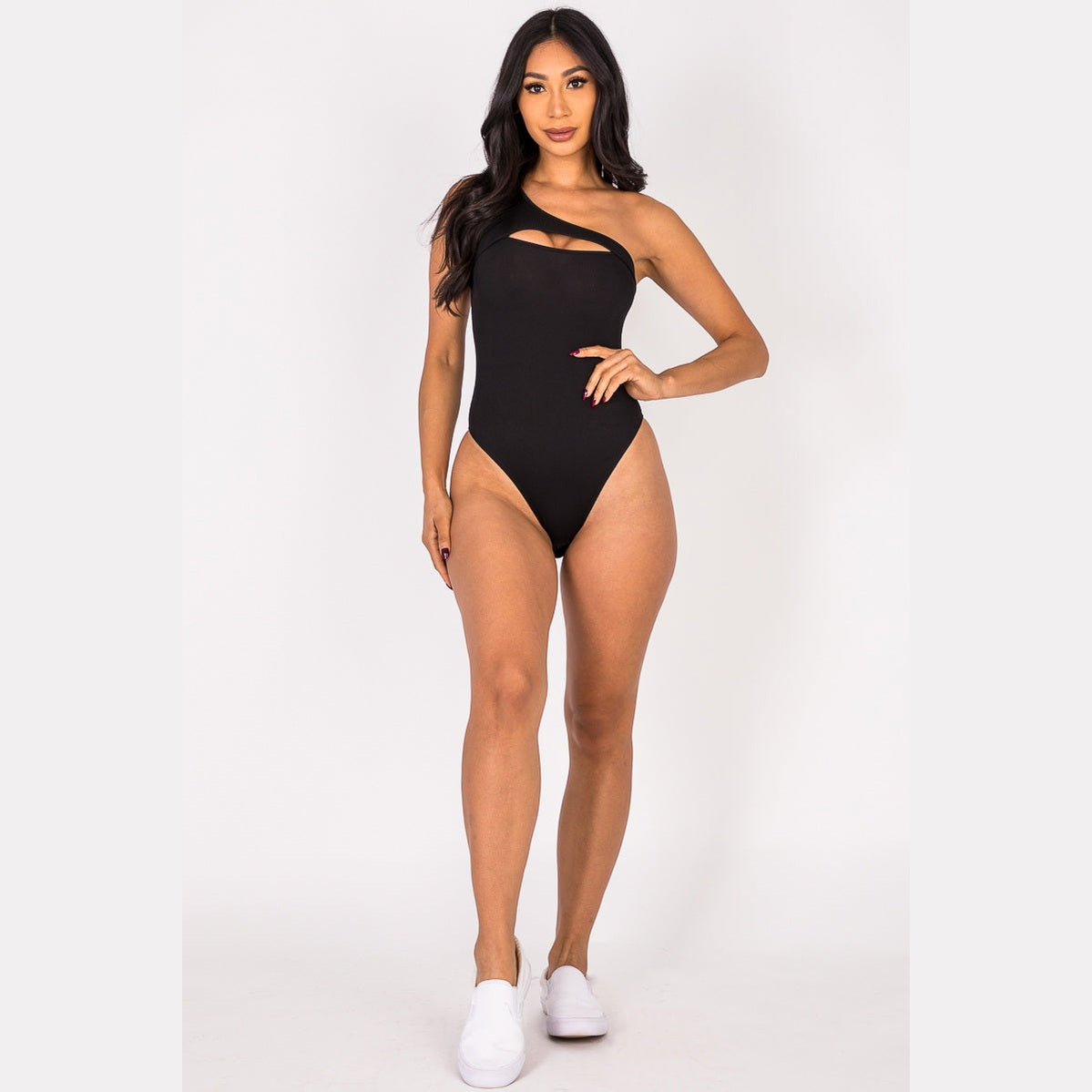 Ribbed Knit Cut Out One Shoulder Bodysuit
