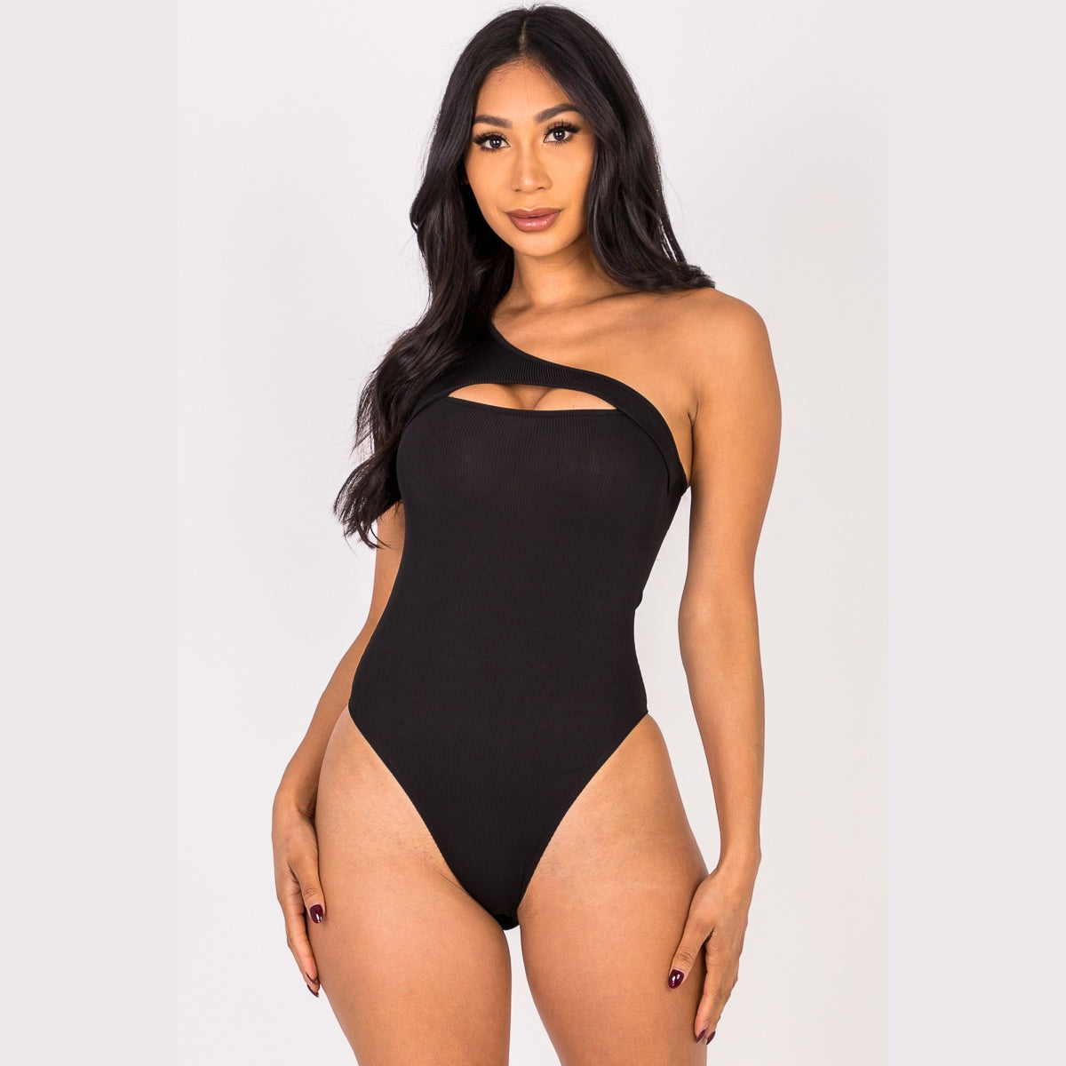 Ribbed Knit Cut Out One Shoulder Bodysuit