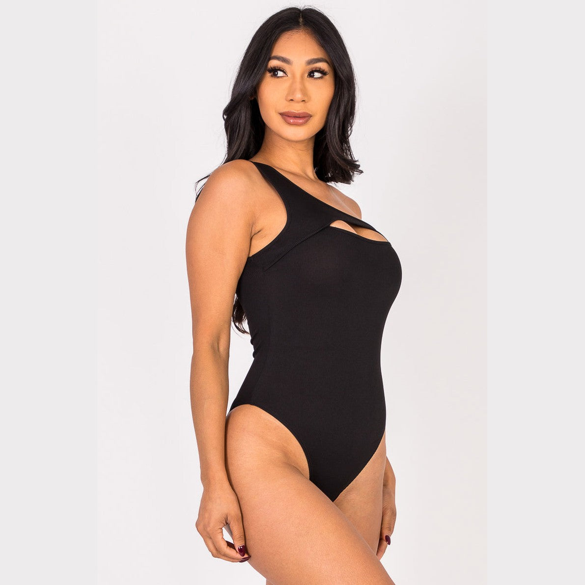 Ribbed Knit Cut Out One Shoulder Bodysuit