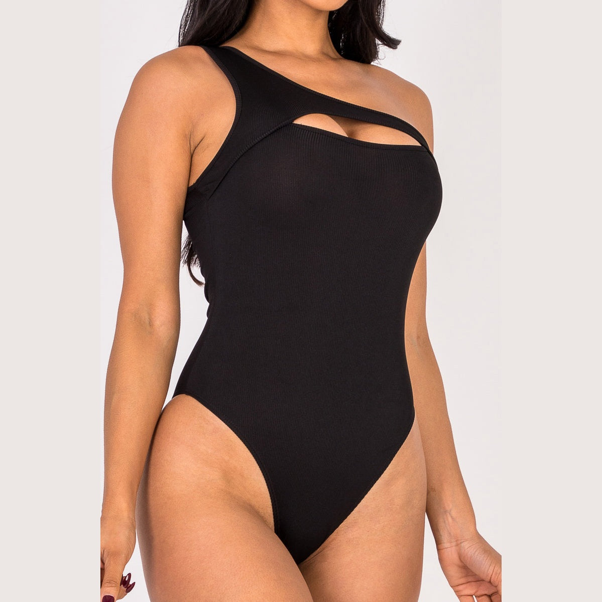 Ribbed Knit Cut Out One Shoulder Bodysuit