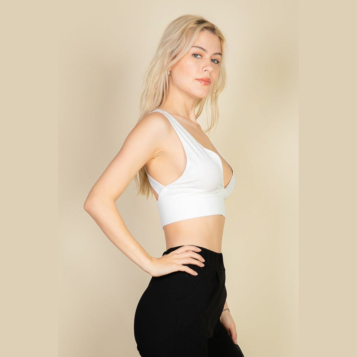 Ribbed Knit Plunge Neck Crop Top