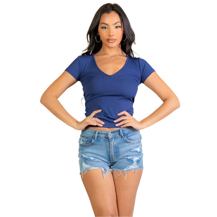 Ribbed V-Neck Short Sleeve Top
