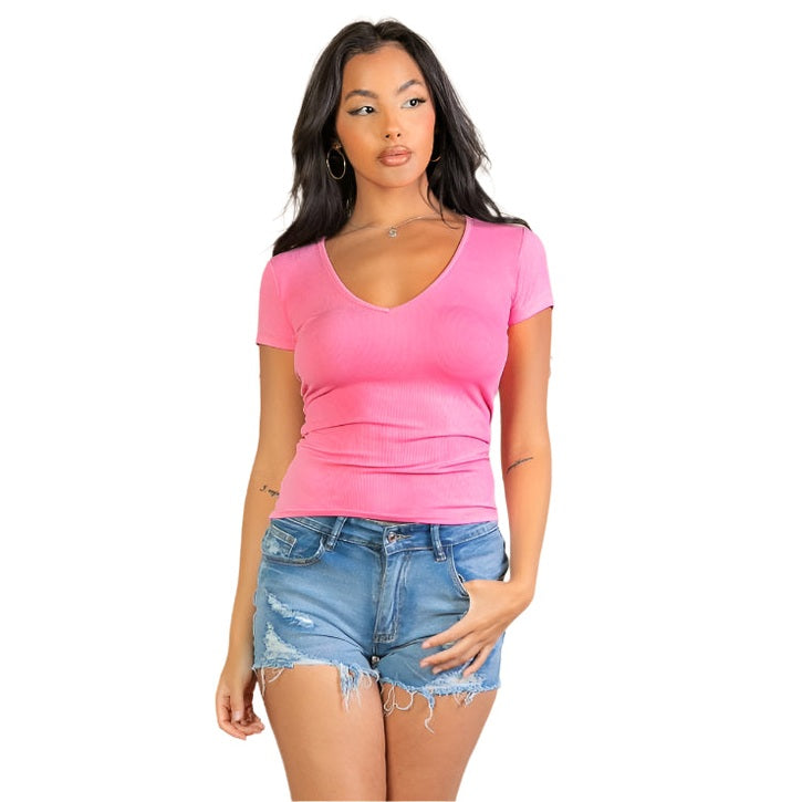 Ribbed V-Neck Short Sleeve Top