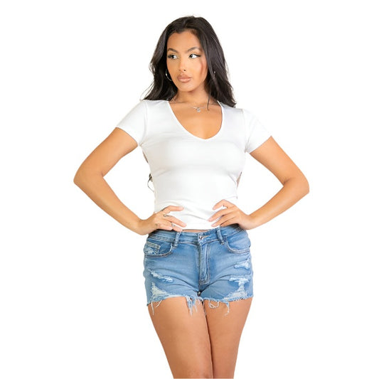 Ribbed V-Neck Short Sleeve Top