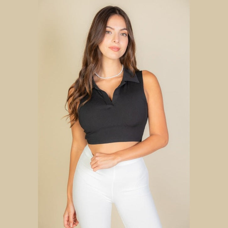 Solid Ribbed Polo Neck Tank Top