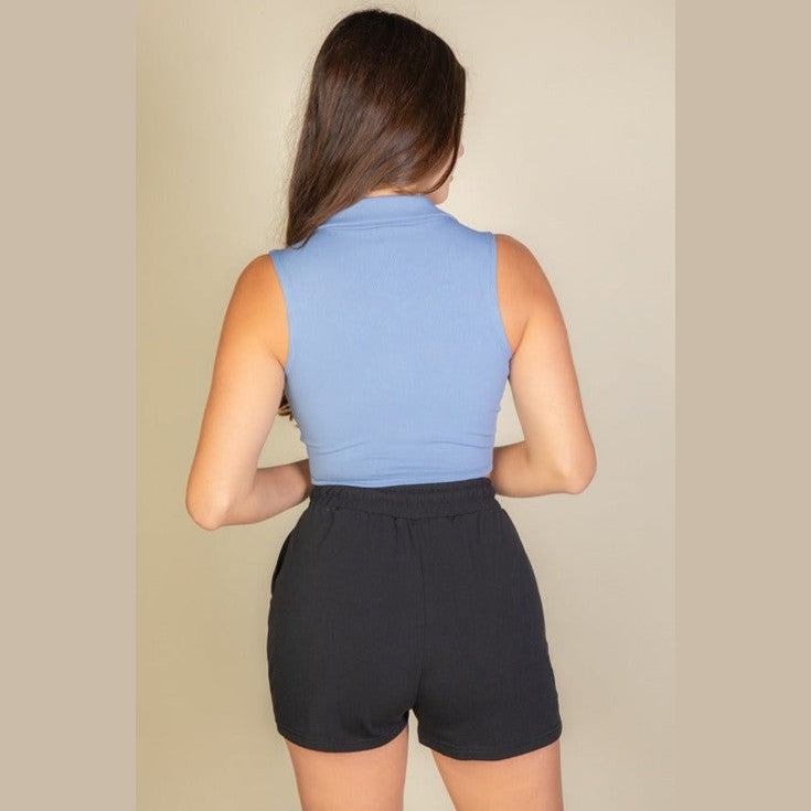 Solid Ribbed Polo Neck Tank Top