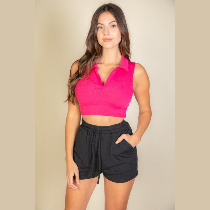 Solid Ribbed Polo Neck Tank Top