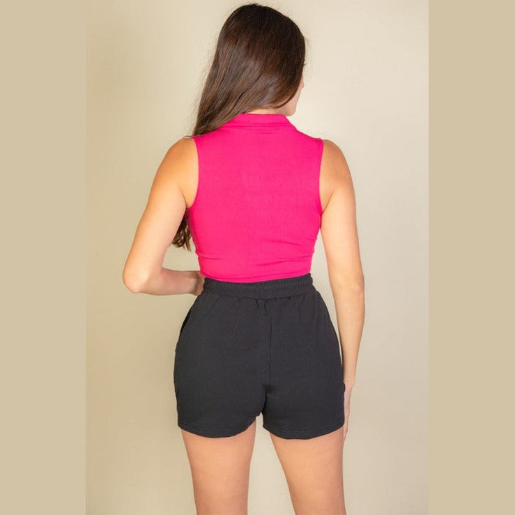Solid Ribbed Polo Neck Tank Top