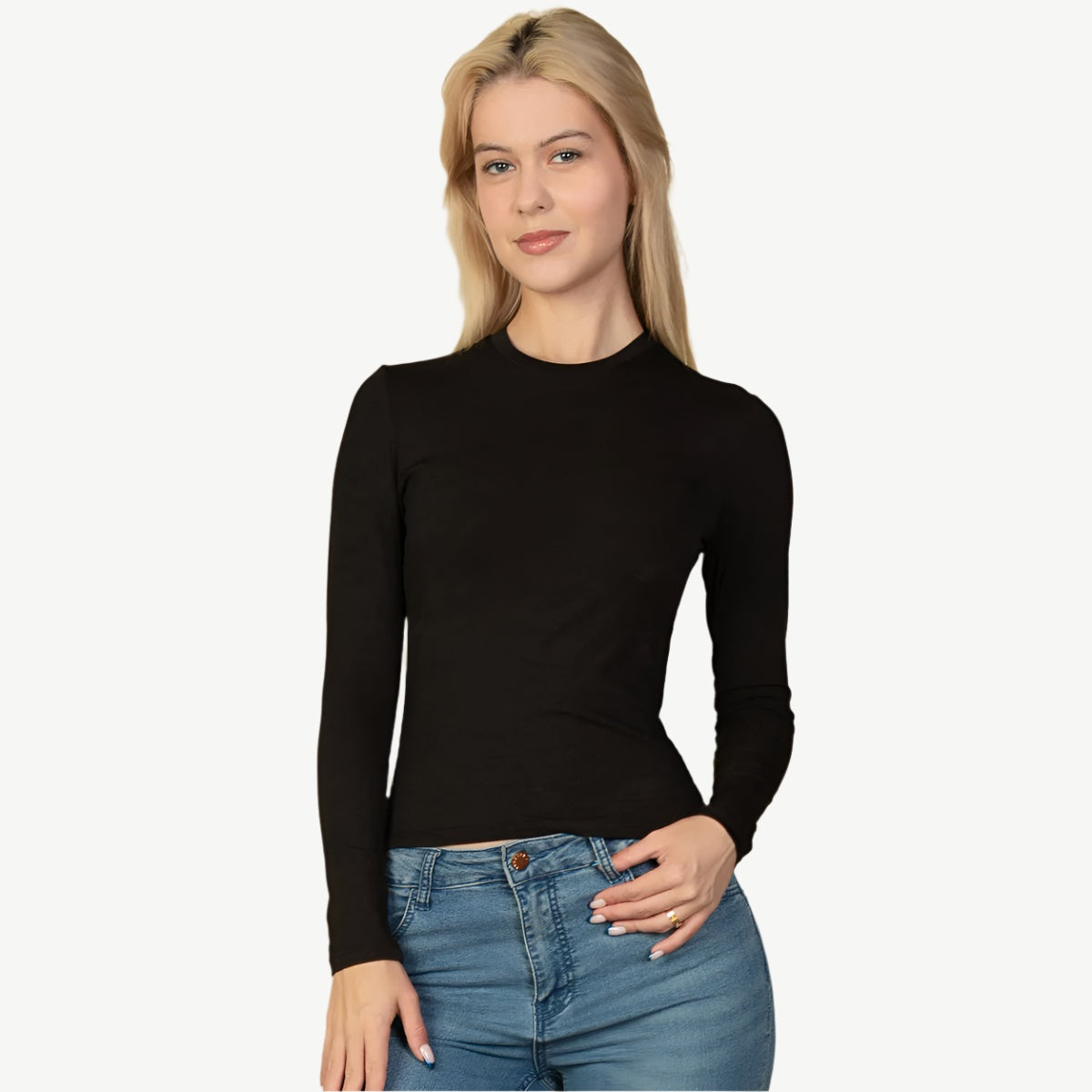 Ribbed Round Neck Long Sleeve Top