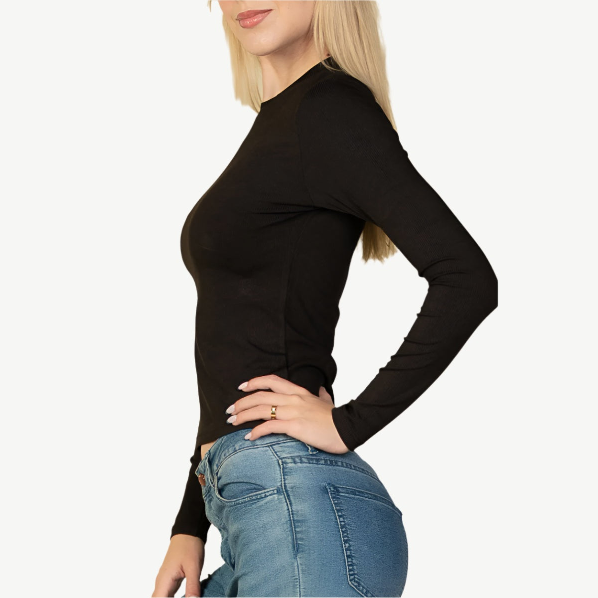 Ribbed Round Neck Long Sleeve Top