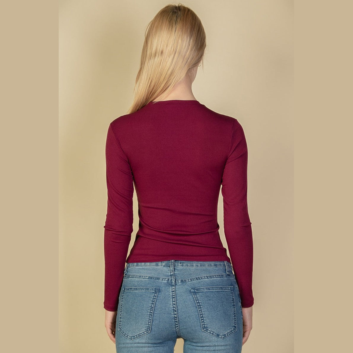 Ribbed Round Neck Long Sleeve Top