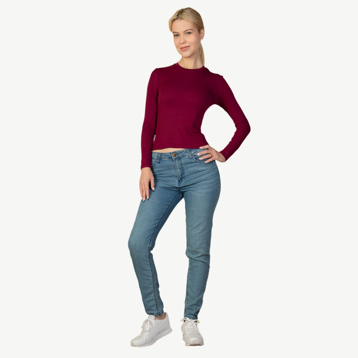 Ribbed Round Neck Long Sleeve Top