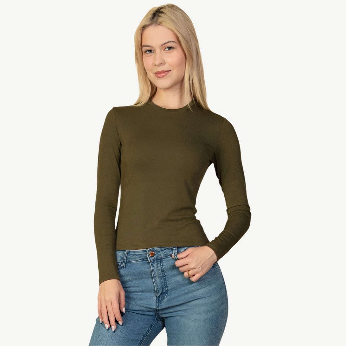 Ribbed Round Neck Long Sleeve Top