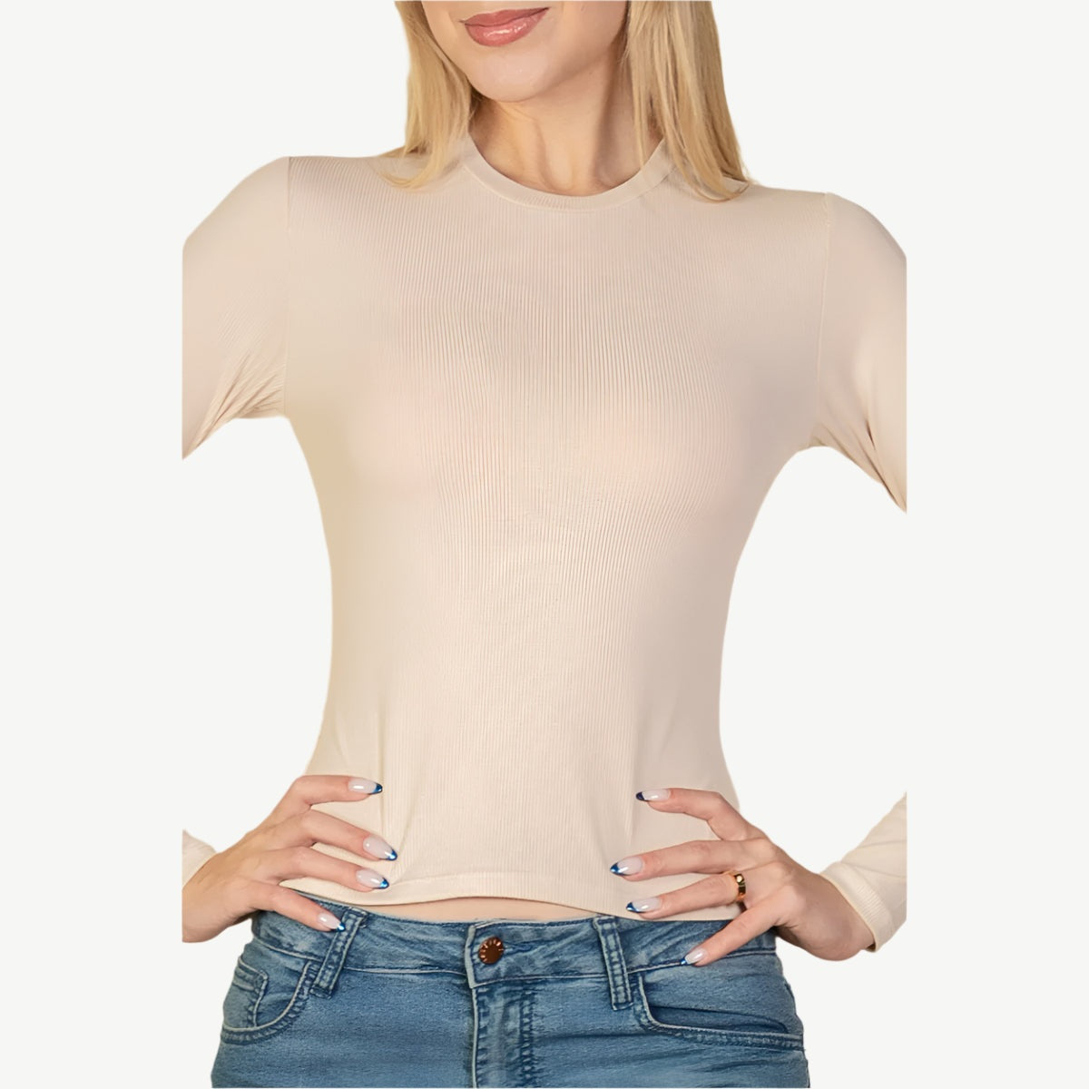 Ribbed Round Neck Long Sleeve Top